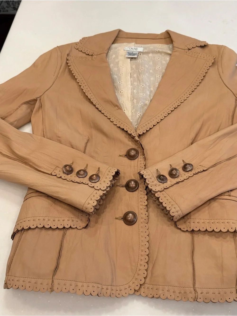 CACHE COUTURE BEAUTIFUL CAMEL TEXTURED WESTERN FLAIR LAMB LEATHER JACKET sz 0